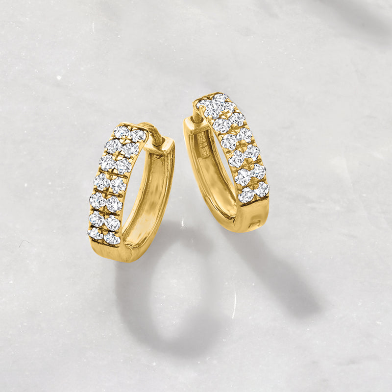 14kt yellow gold diamond huggie hoop earrings, diamond-studded front