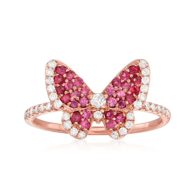 Rose gold butterfly ring with ruby and diamond pavé
