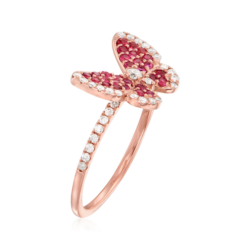 Ruby and diamond butterfly ring in 14kt rose gold