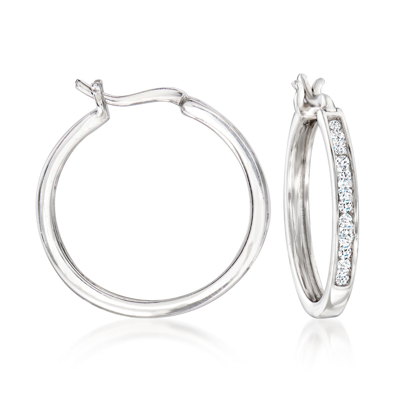 Sterling silver diamond hoop earrings with hinged backs, shown front and side views