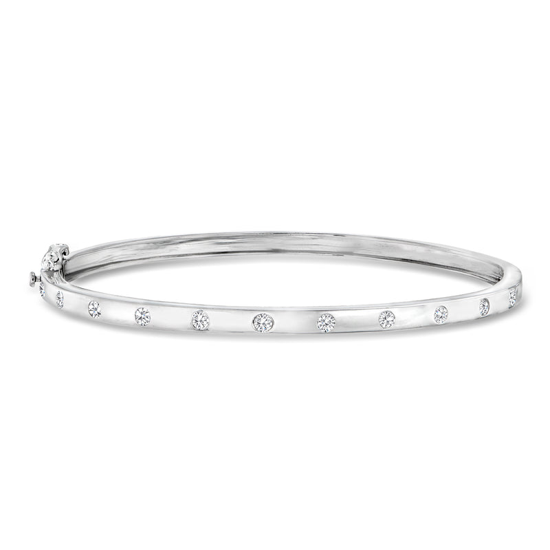 Sterling silver diamond bangle bracelet with round stones along the hinged band