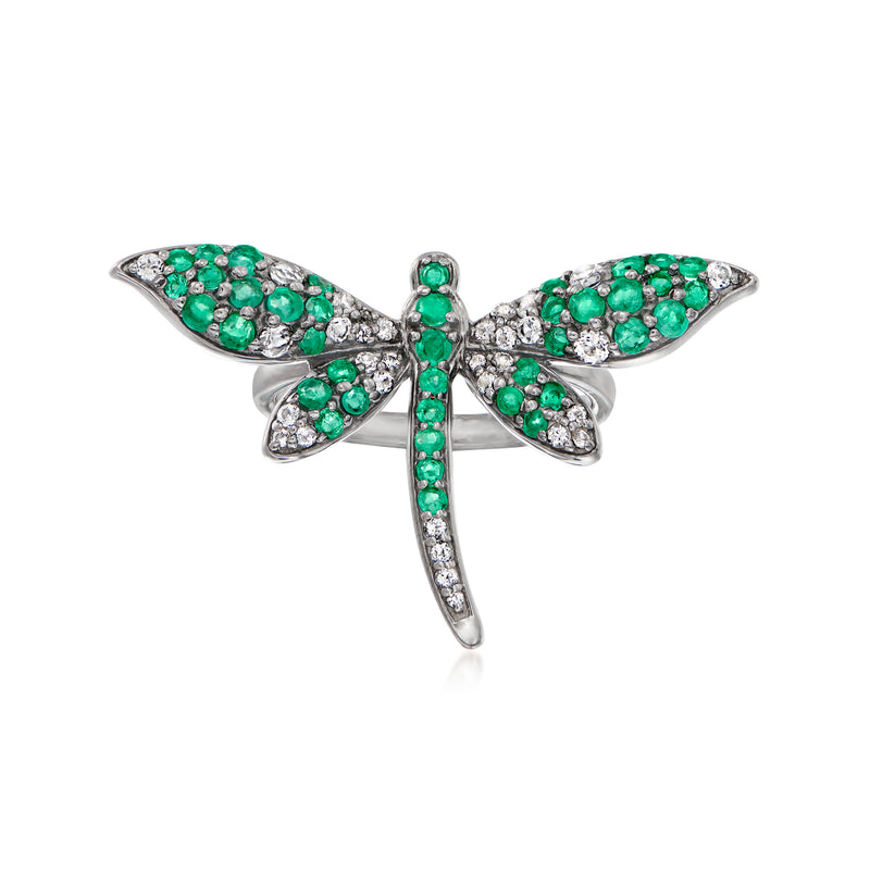 Sterling silver dragonfly ring with green stones and white topaz accents