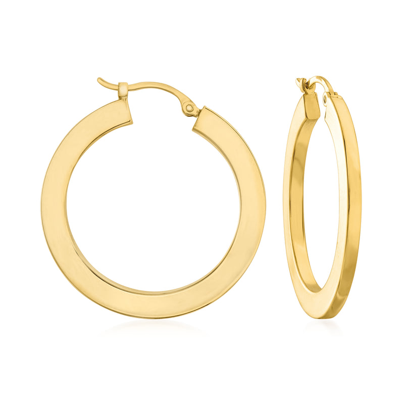 14kt yellow gold hoop earrings, smooth round hoops with hinged clasp