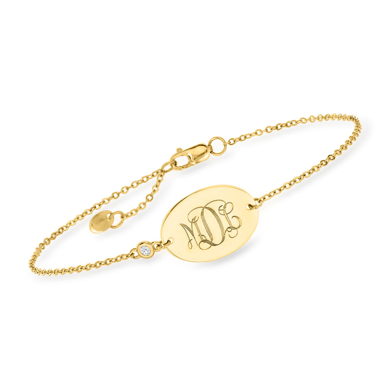 14kt yellow gold personalized oval bracelet with engraved initials and single diamond
