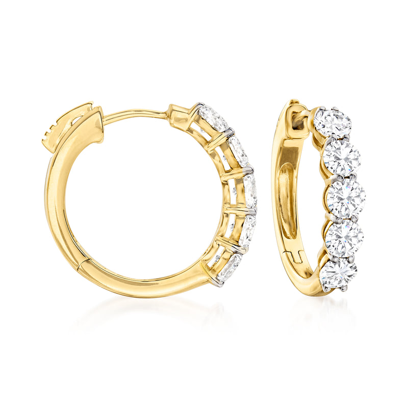 14kt yellow gold hoop earrings with five round diamonds on each hoop