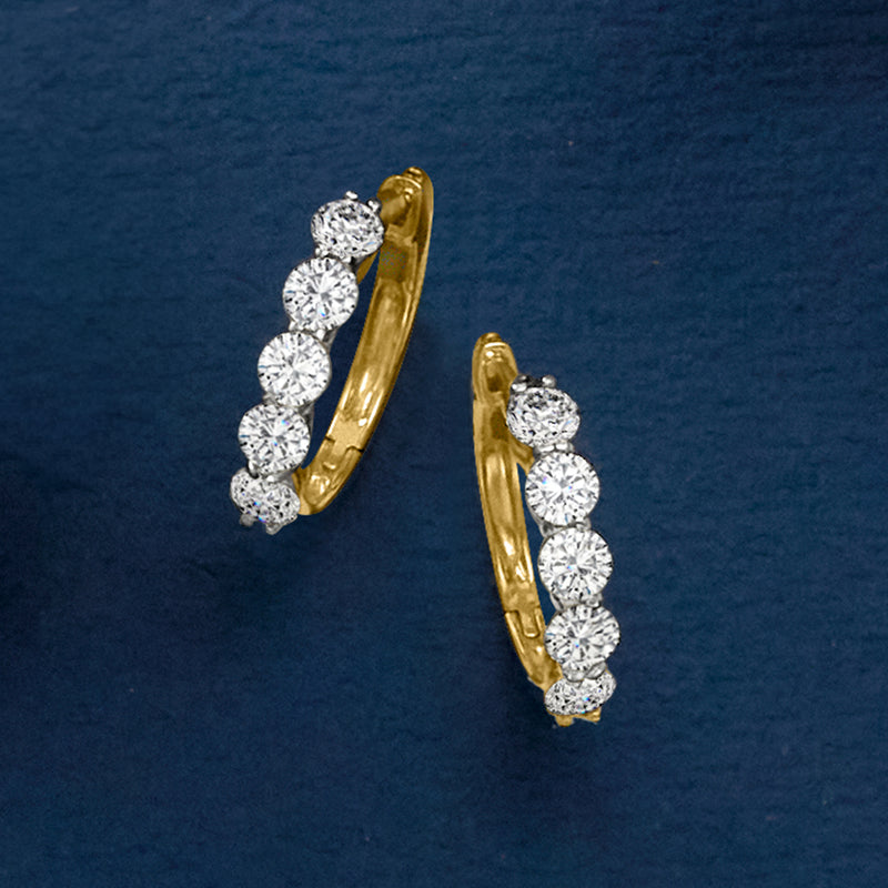 Small yellow gold five-stone hoop earrings with round diamond accents