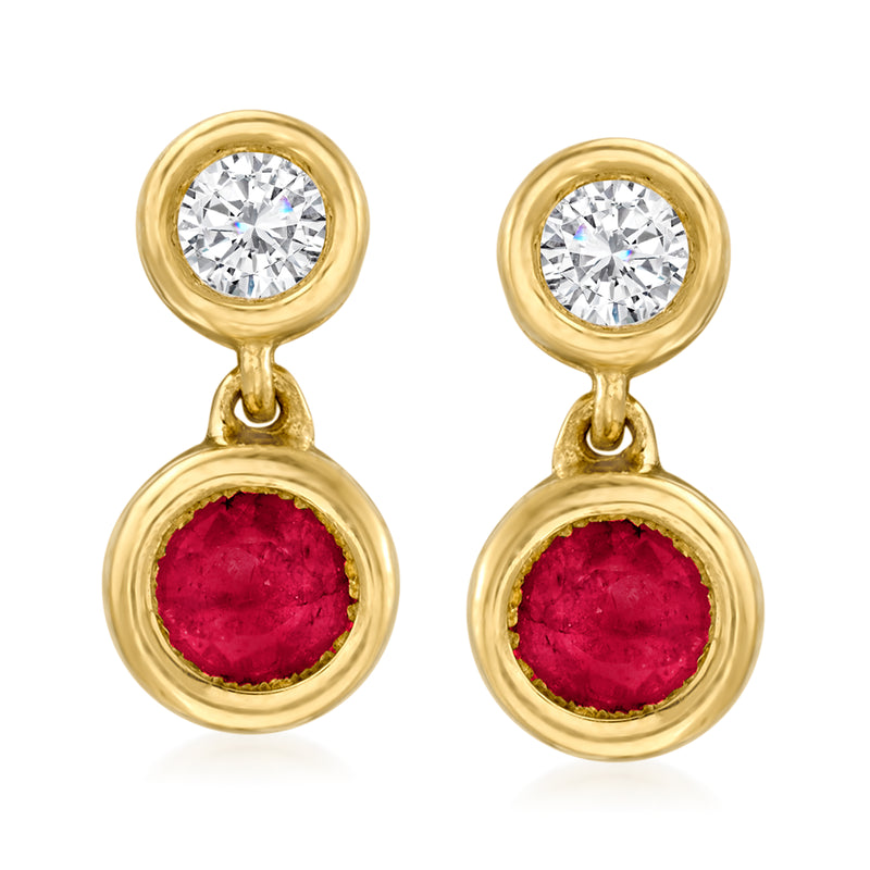 14kt yellow gold drop earrings with round ruby and clear diamond settings