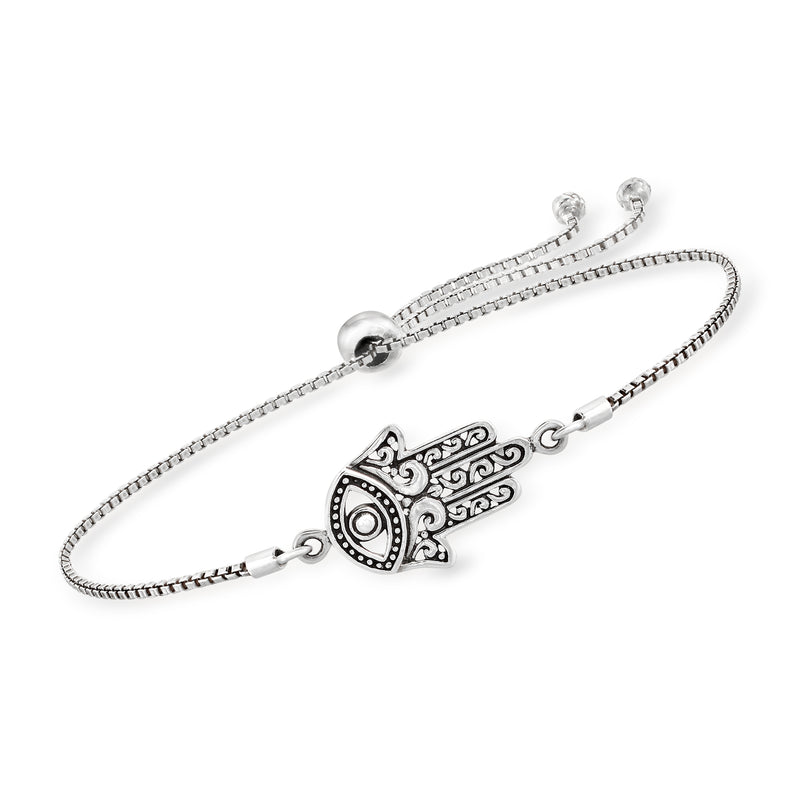 Sterling silver hamsa hand bolo bracelet with sliding clasps and engraved charm