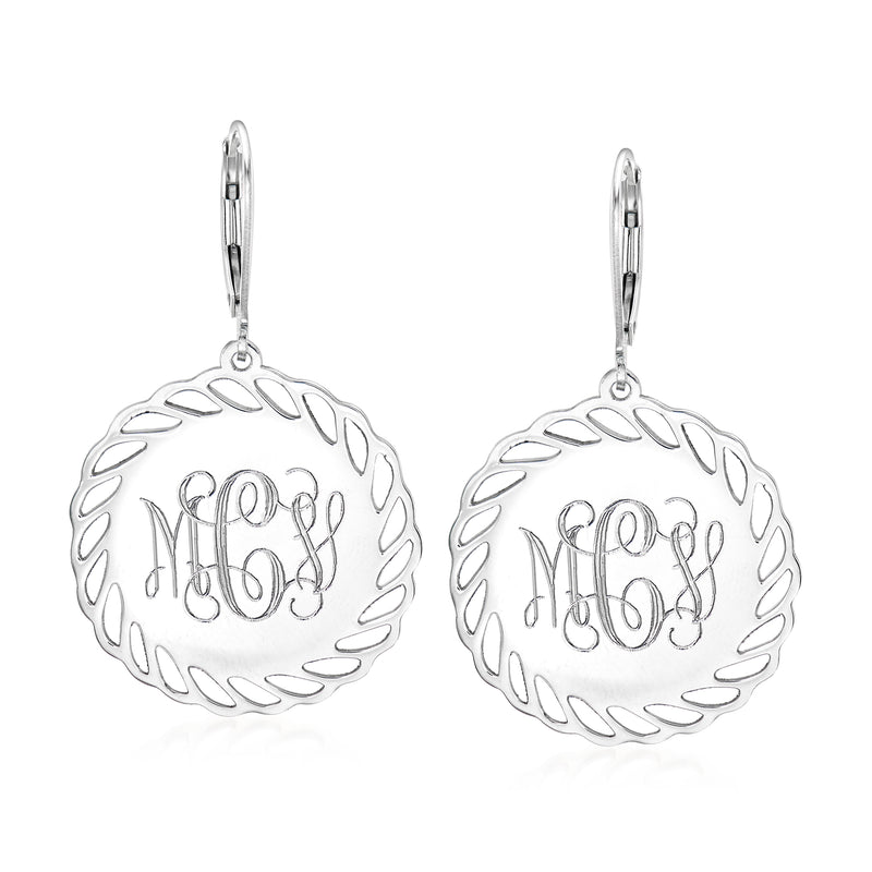 Sterling silver scalloped-edge drop earrings with cursive monogram discs
