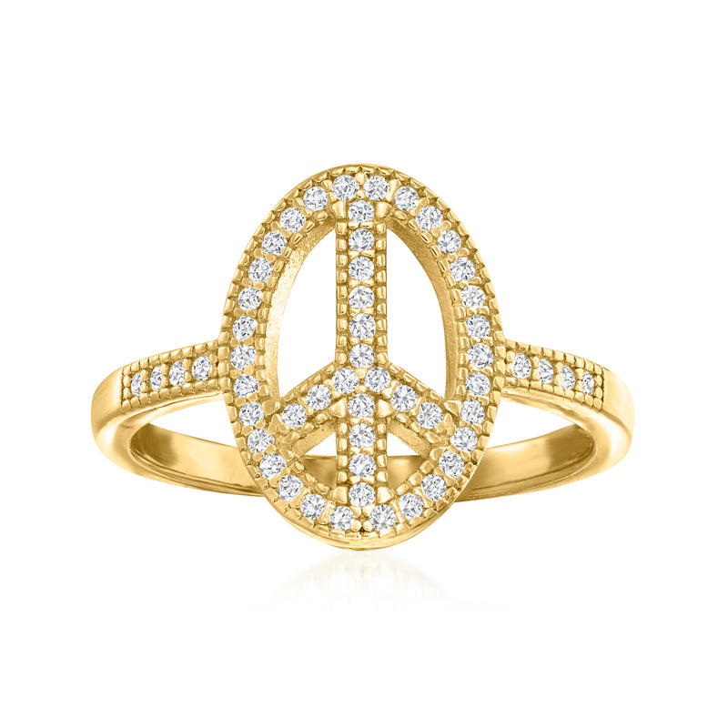 Gold over sterling CZ peace sign ring with round stone halo and open center