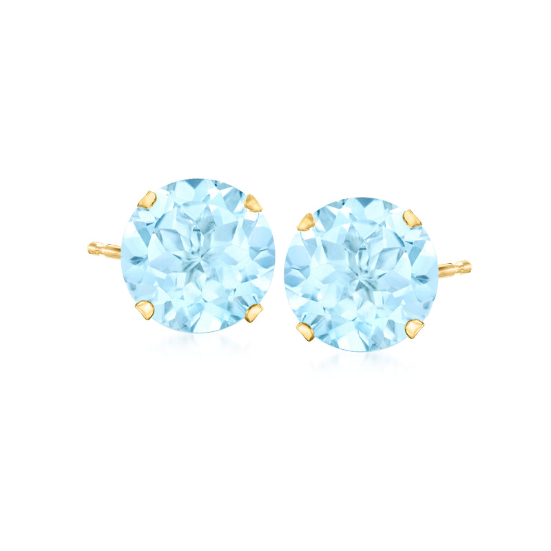 Sky blue topaz stud earrings in 14kt yellow gold, round gemstones, pair