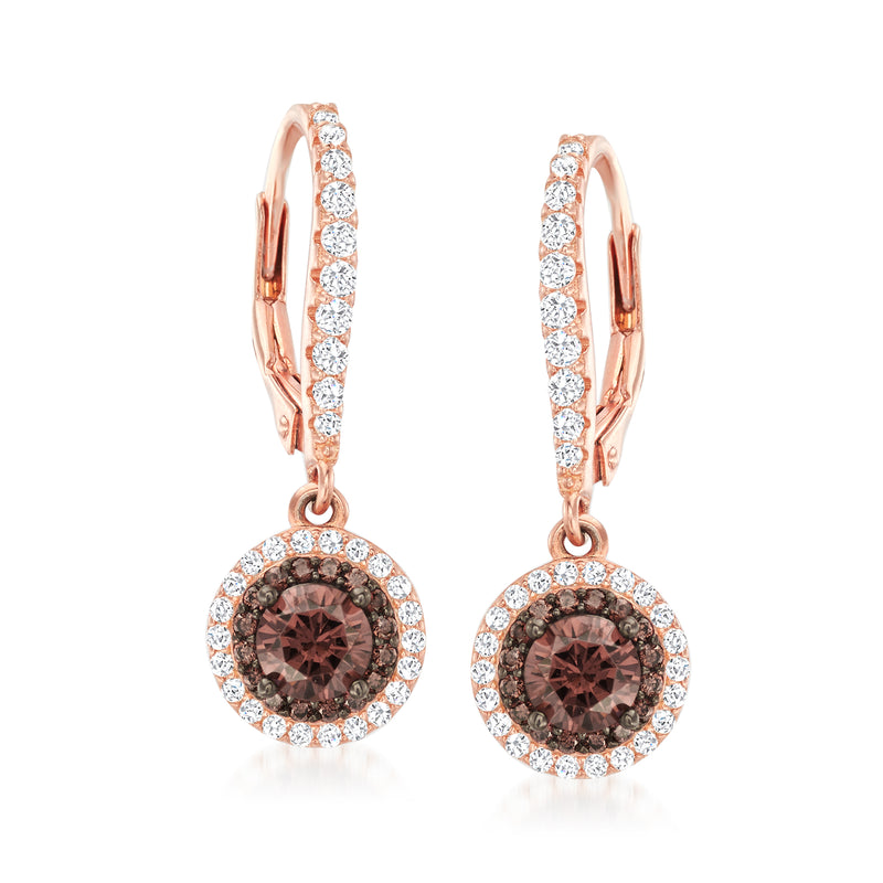 Rose gold CZ drop earrings with brown round center and white halo, leverback