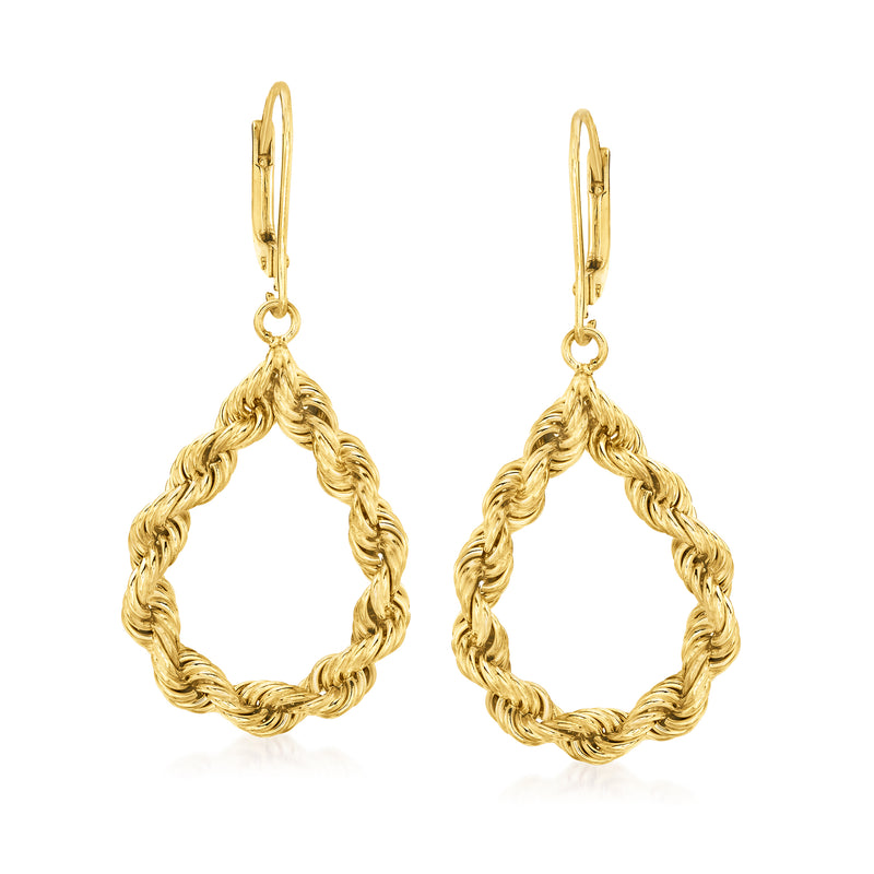 Gold roped teardrop leverback earrings with twisted wire drop