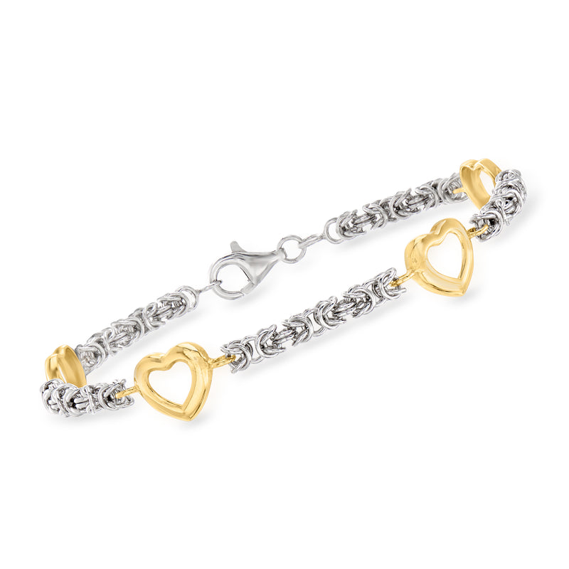 Two-tone sterling silver Byzantine bracelet with gold heart stations and clasp