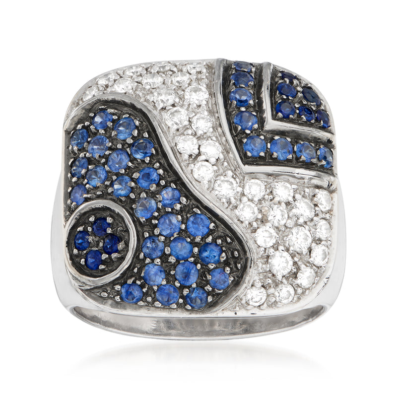 Vintage sapphire and diamond fashion ring, blue sapphire heart clusters in white gold