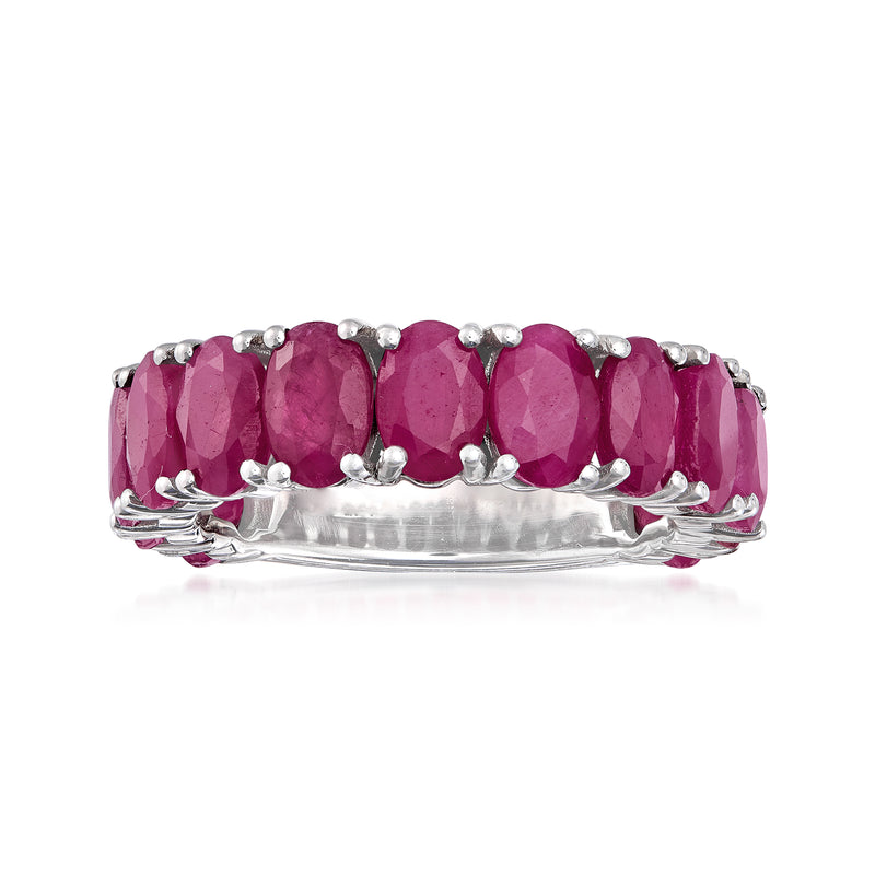 Sterling silver ruby ring with five oval deep pink gemstones and small round accents