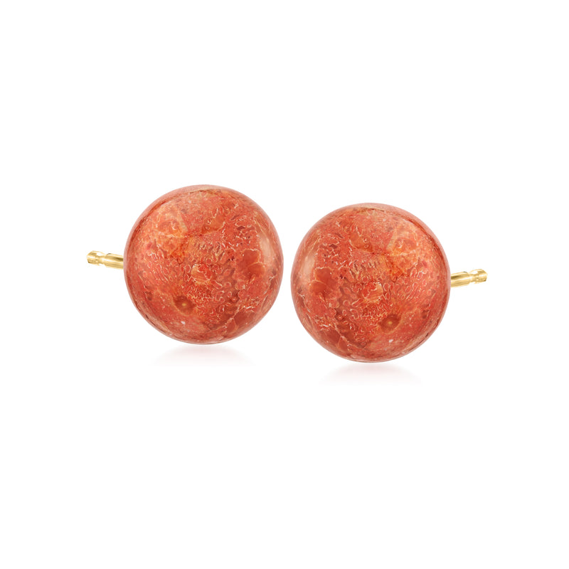 Coral ball stud earrings in 14kt yellow gold with round orange coral cabochon