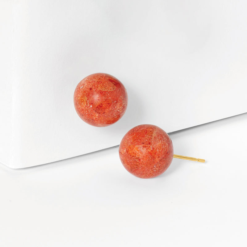 Round orange coral stud earring with 14kt yellow gold post