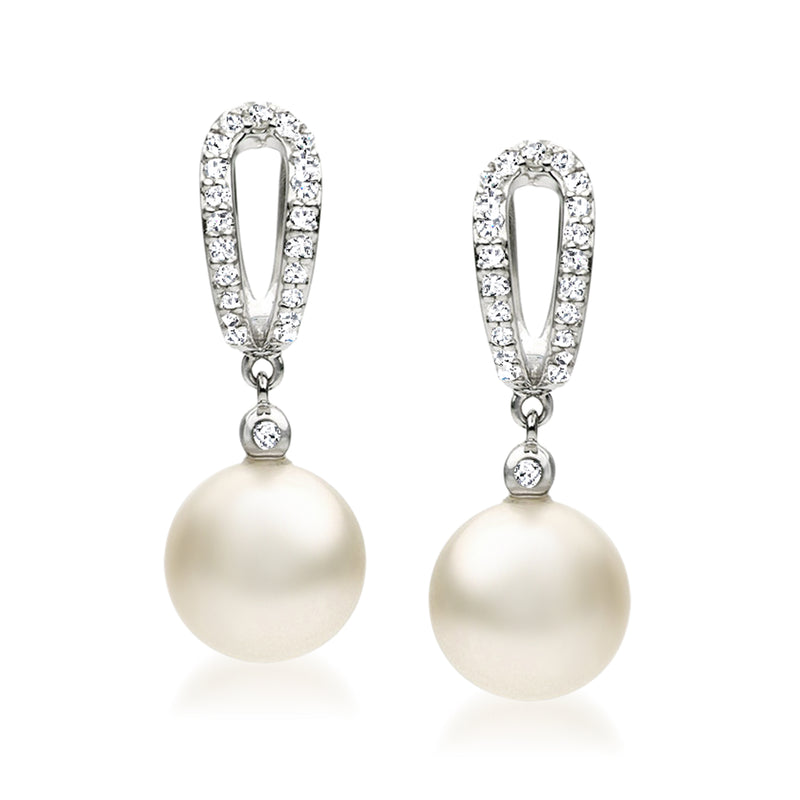 Cultured South Sea pearl drop earrings with diamond halo in 14kt white gold