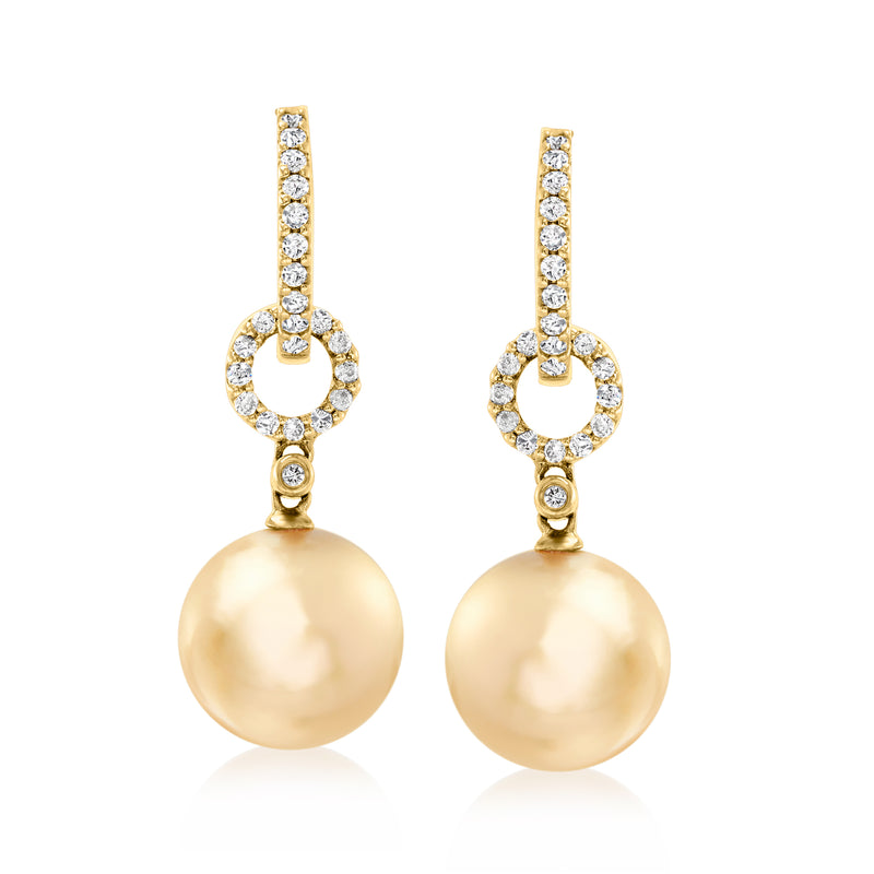 18kt yellow gold drop earrings with round golden cultured pearls and diamond accents
