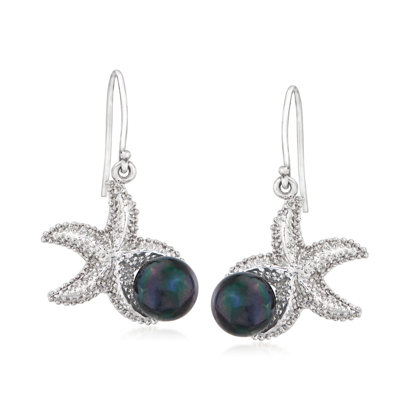 Sterling silver starfish earrings with dark iridescent cultured pearls, drop earwire
