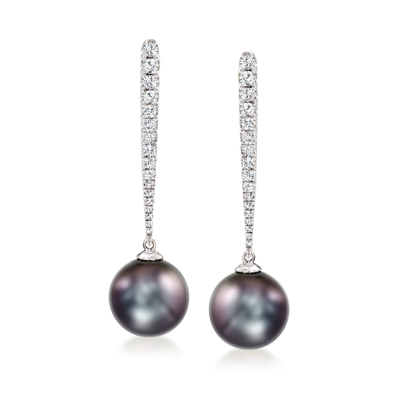 Black cultured pearl drop earrings with diamond pave in white gold settings