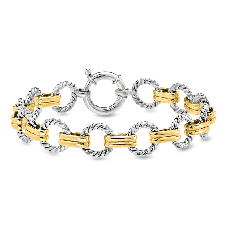 Two-tone sterling silver twisted circle-link bracelet with gold bar accents