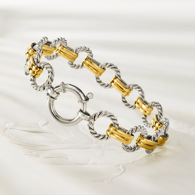 Two-tone circle-link bracelet, twisted silver links with gold bar sections and clasp