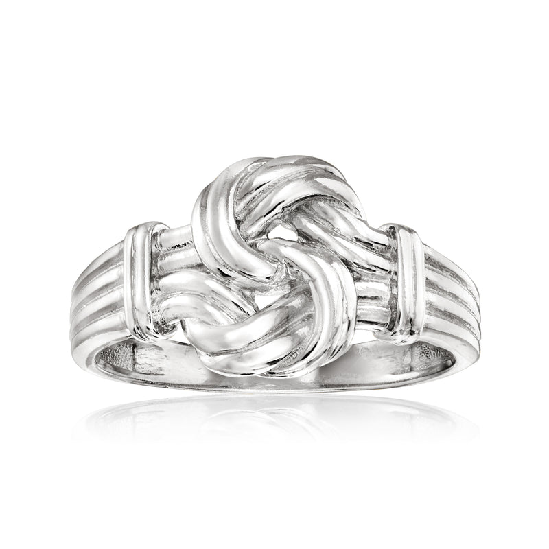 Polished sterling silver knot ring with braided crossover knot design
