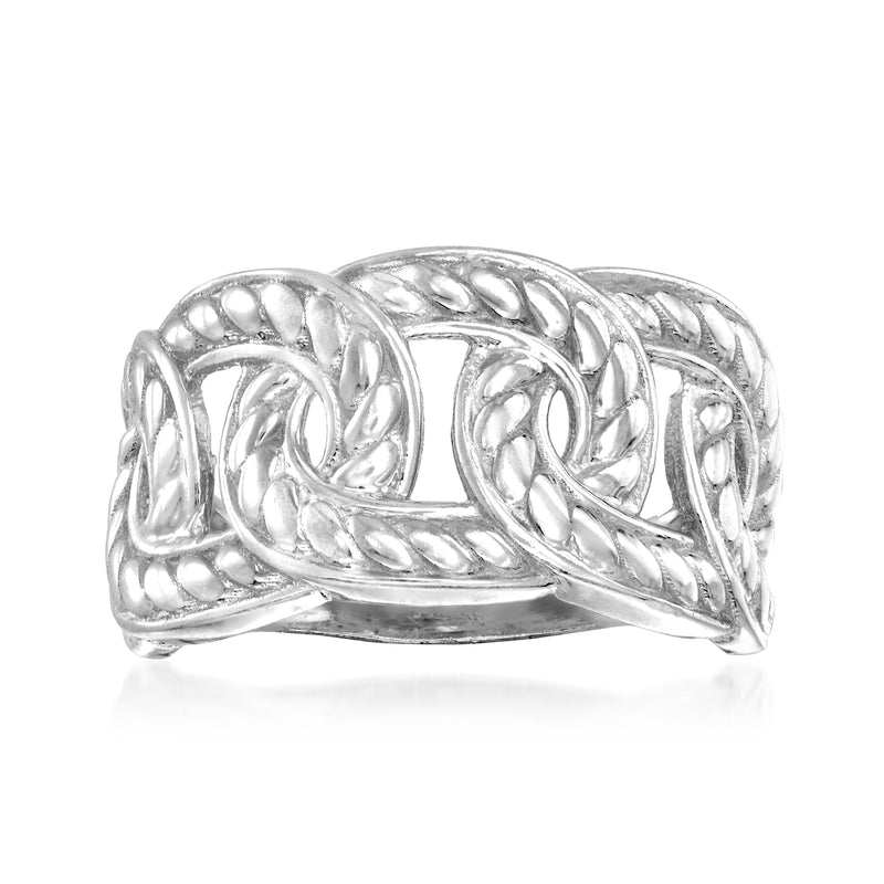 Sterling silver link ring with interwoven chain pattern and polished band