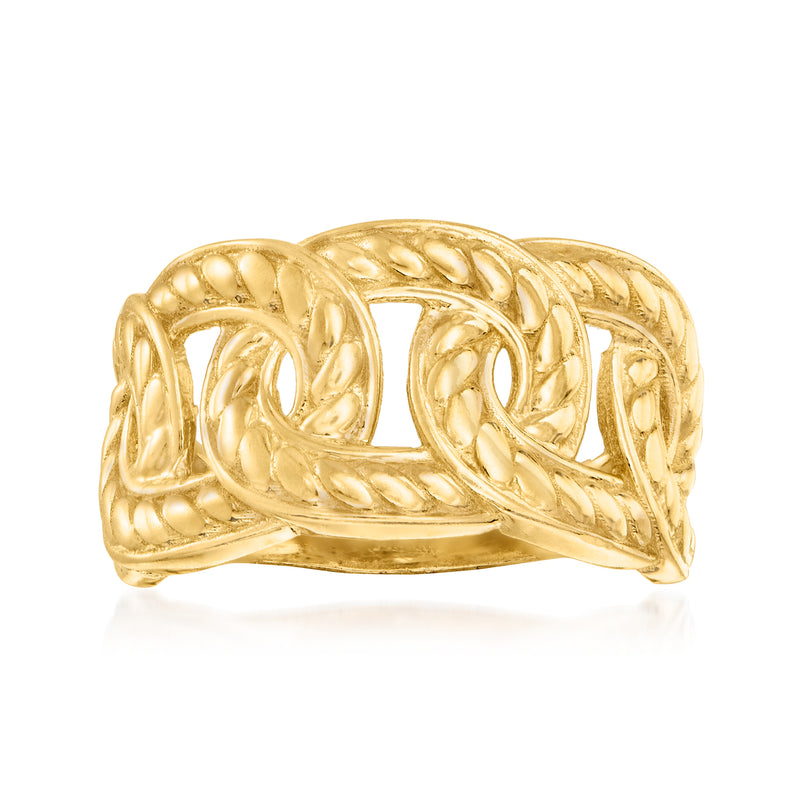 Gold over sterling link ring with textured braided detail, polished band