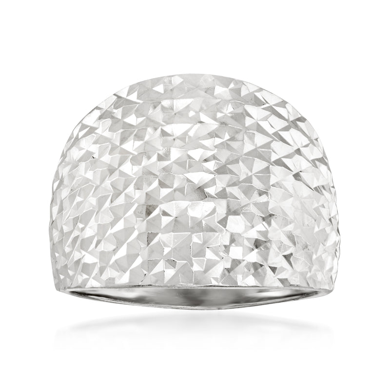 Silver dome ring with textured facets and polished smooth band