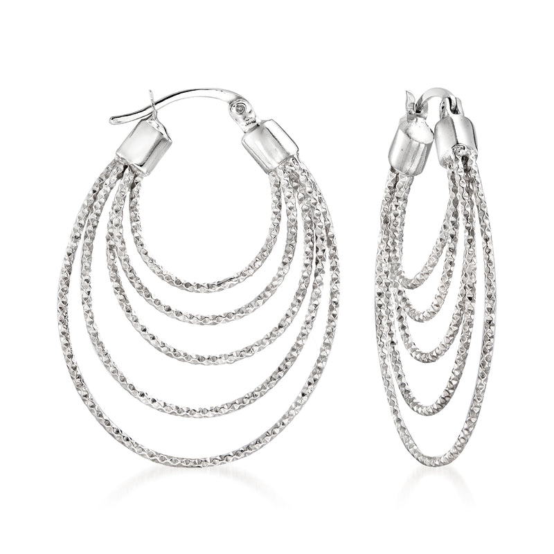 Sterling silver diamond-cut multi-hoop earrings, three-tier loop design, hinged back