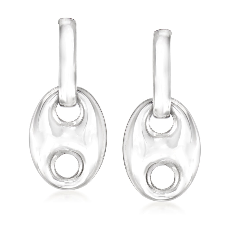 Sterling silver mariner-link drop earrings with circular oval pendant, loop top.