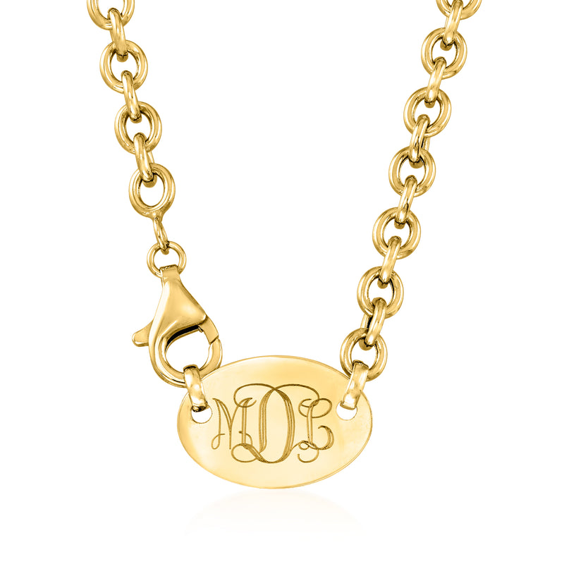 14kt yellow gold oval disc necklace with monogram and link chain