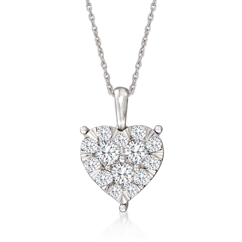 14kt white gold heart cluster pendant necklace with round diamonds, cable chain