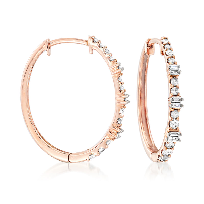 Rose gold hoop earrings with baguette and round diamonds