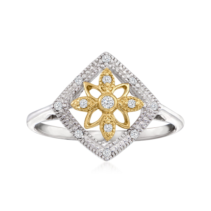 Sterling silver openwork floral diamond ring with 14kt yellow gold center and stones