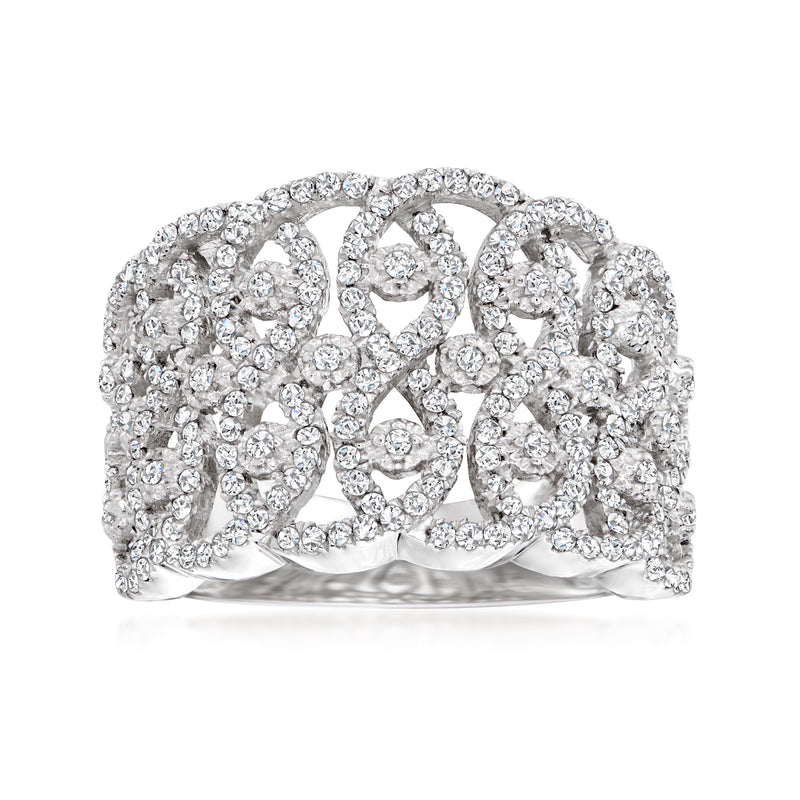Sterling silver openwork diamond ring with round pavé stones