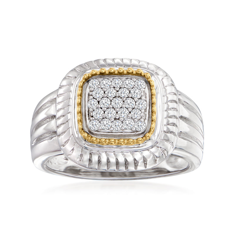 Diamond square-top ring with yellow-gold bezel and ribbed sterling silver band