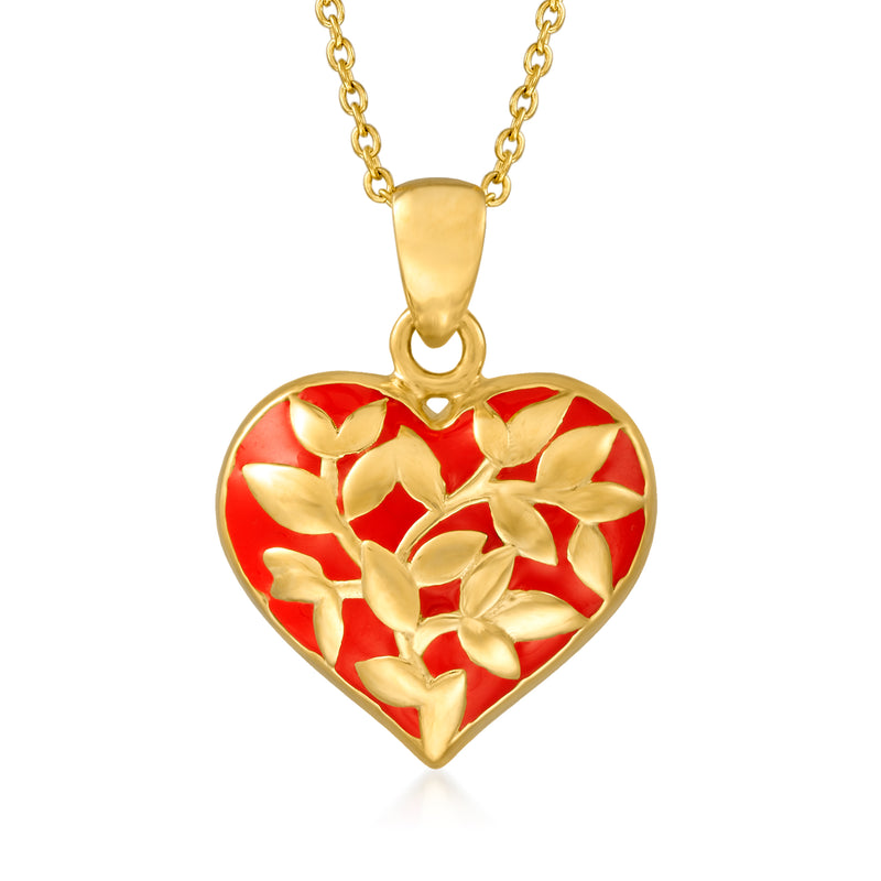 Gold heart pendant necklace with red enamel and raised floral design, gold clasp