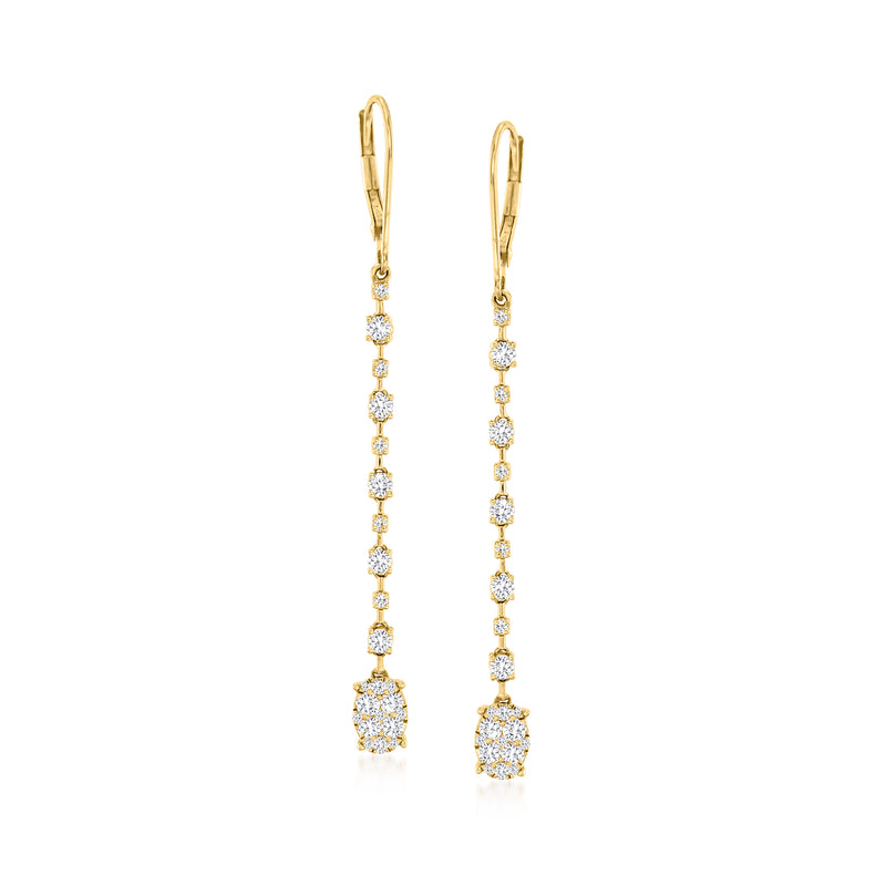 14kt yellow gold diamond linear drop leverback earrings with dangling round stones