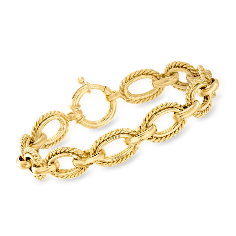 Gold over sterling alternating-link bracelet with braided and oval rope-texture links