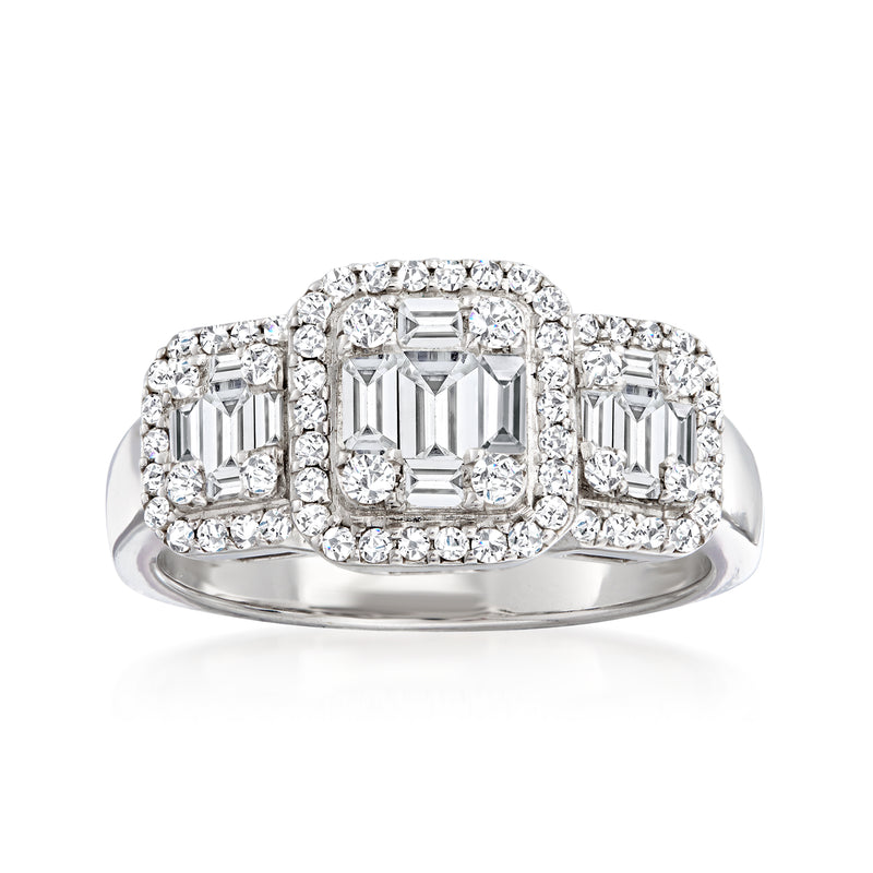 18kt white gold diamond cluster ring with baguette and round stones