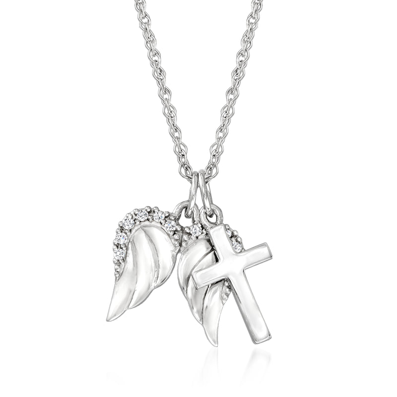 White gold cross and angel wings pendant necklace with diamond accents