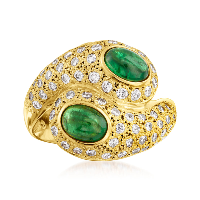 18kt yellow gold bypass ring with two green oval cabochon stones and diamond accents