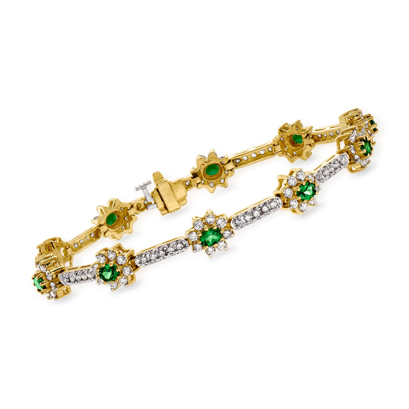 18kt yellow gold tennis-style bracelet with diamonds and green tsavorite accents