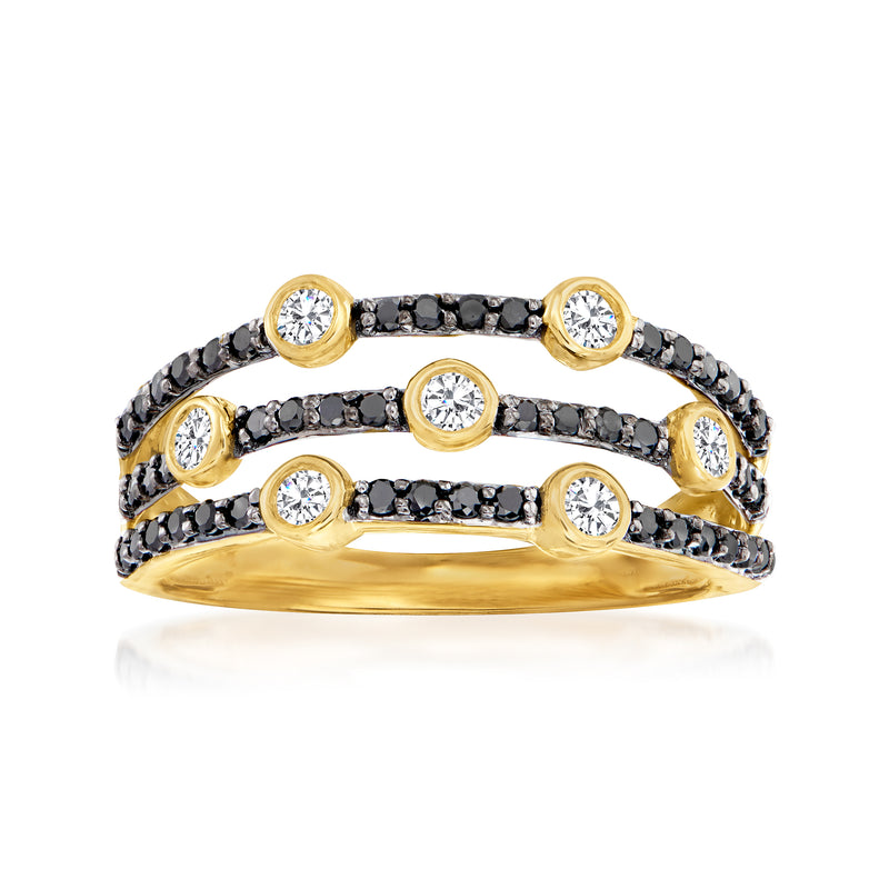 Three-row diamond ring in 14kt yellow gold with black and white round stones