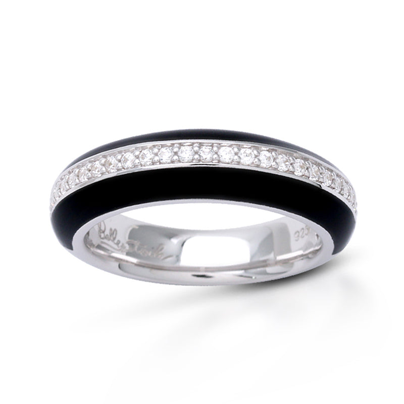 Sterling silver ring with black enamel band and clear CZ-style stones