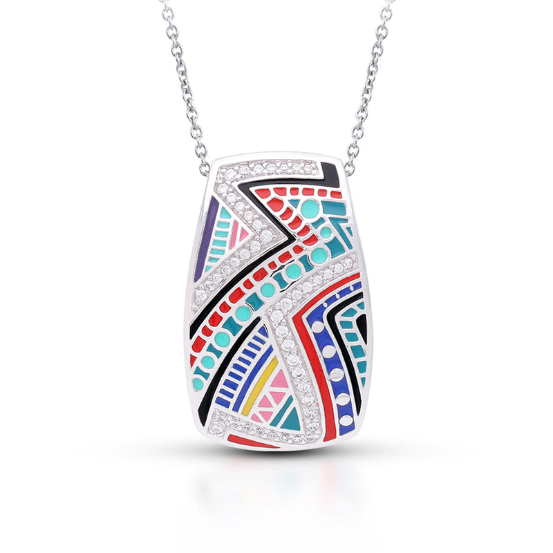 Sterling silver pendant with multicolored enamel mosaic and clear cubic zirconia accents